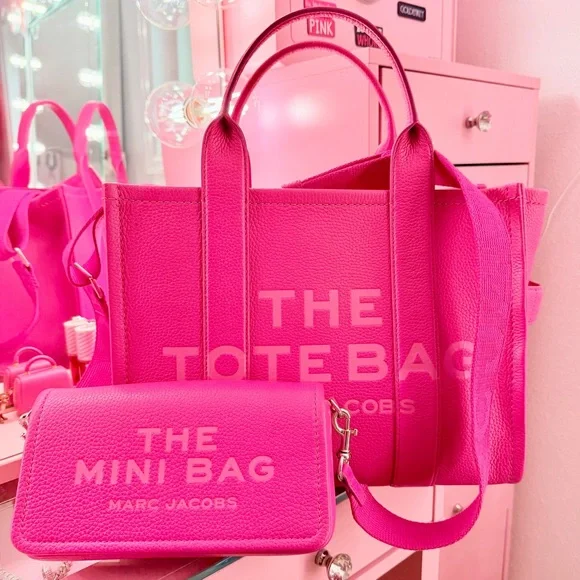 Marc Jacobs Hot Pink Leather Medium Tote Bag & Matching Mini Bag Wallet Set - Picture 1 of 12